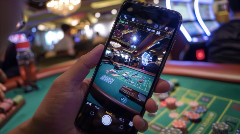 Close-up view of baccarat chips placed on betting layout